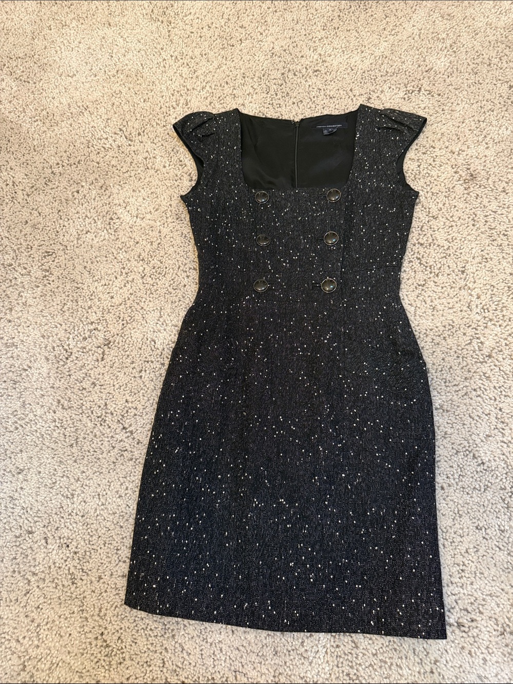 French Connection Black Tweed Double-Breasted Sheath Midi Dress
